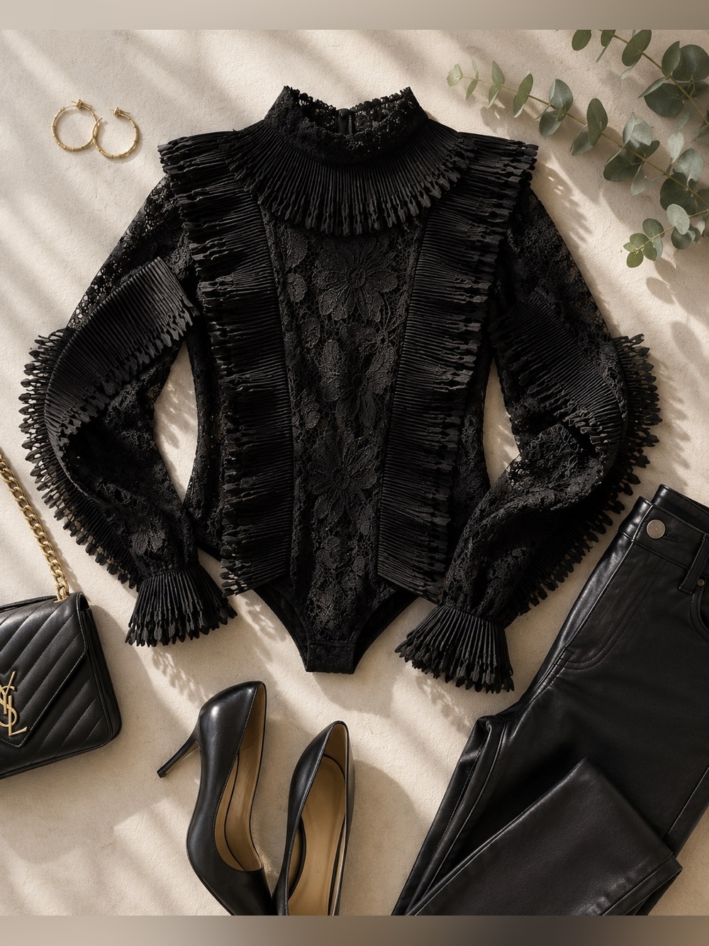 Gracia Black Lace Ruffle High-Neck Bodysuit